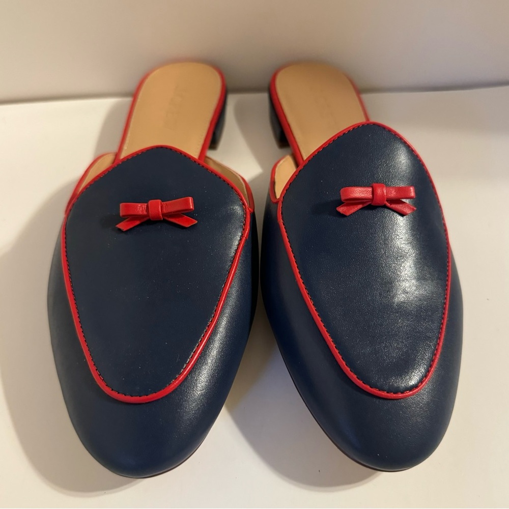 J Crew Navy and Red Leather Tiny Heel Mules 8.5